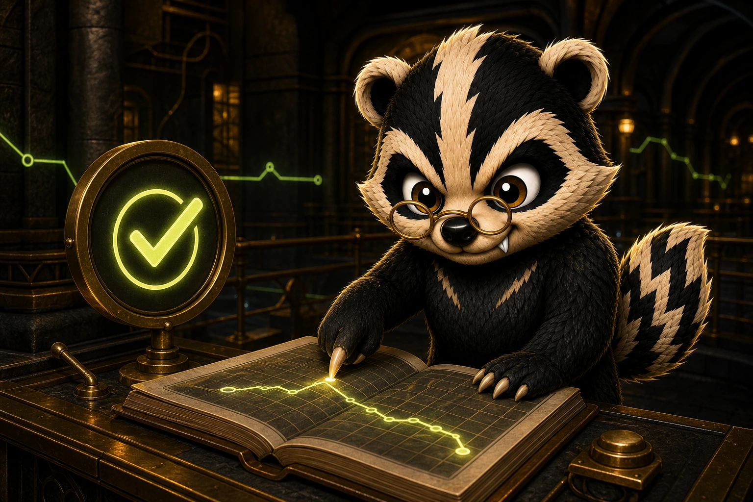 The official MADGER mascot confirms a glowing verified route at an underground brass market desk
