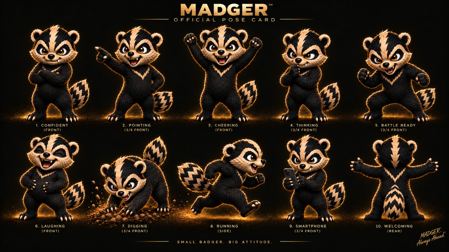 Official MADGER character pose card showing ten approved poses
