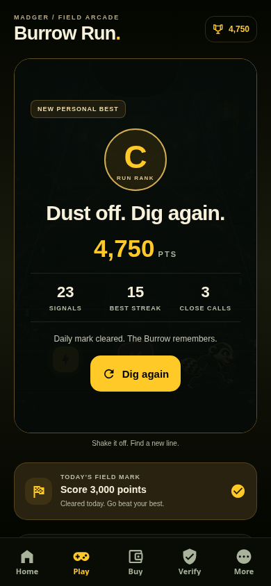 Burrow Run results screen showing the local run record